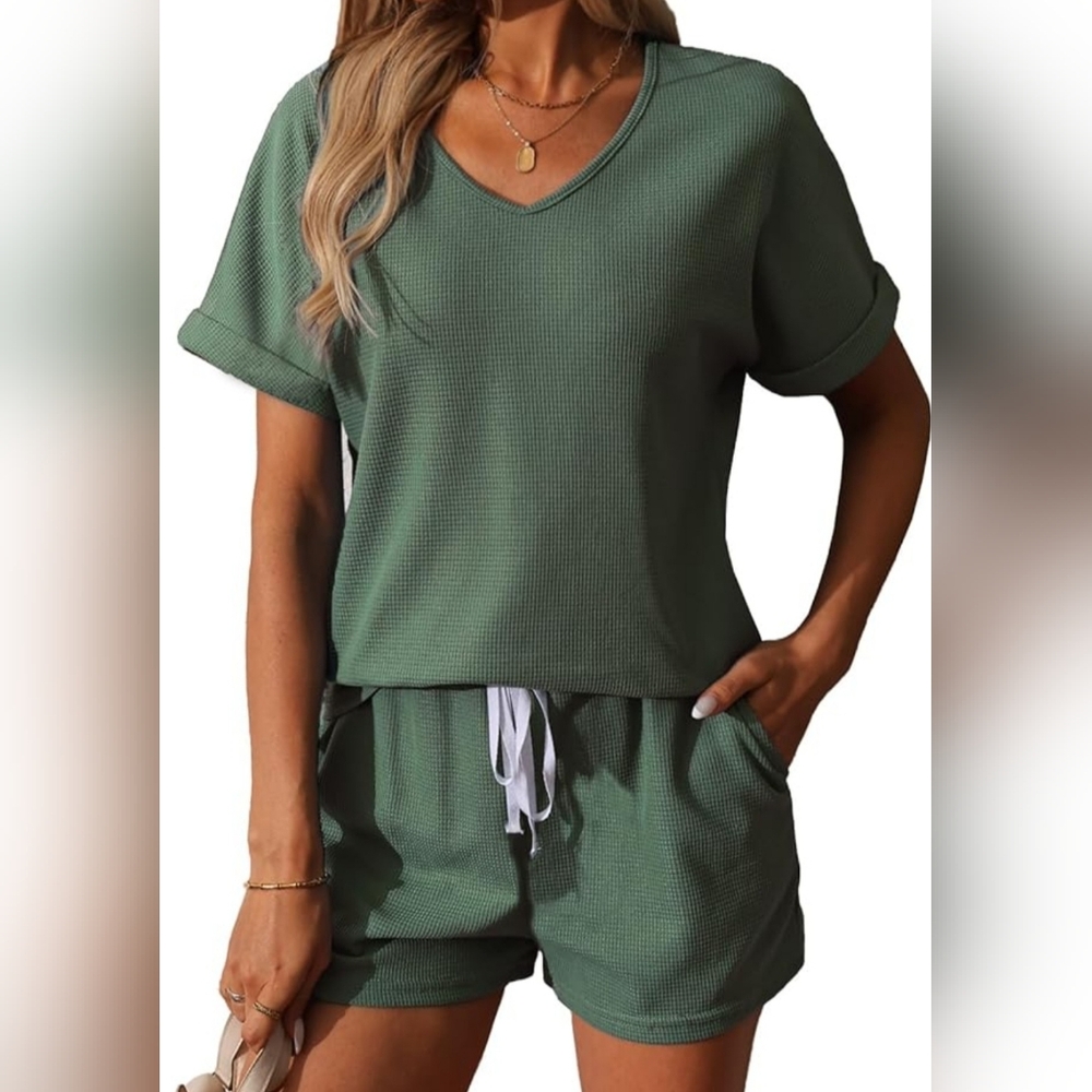 Women 2 Piece Casual Waffle Knit Set
